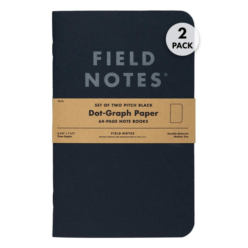 Field Notes 2-Pack Pitch Black Notebooks (4.75" X 7.5"), Dot-graph, 64 Pages | Thin Pocket Sized EDC Notebook With 90 GSM Paper & Paperback Cover | Work Notebooks For Note Taking | Made in the USA - Image 1